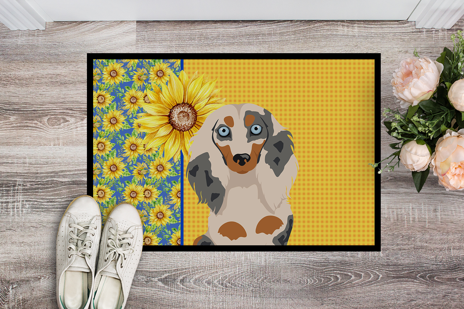 Carolines Treasures WDK5385JMAT 24 x 36 in. Summer Sunflowers Longhair Cream Dapple Dachshund Indoor or Outdoor Mat
