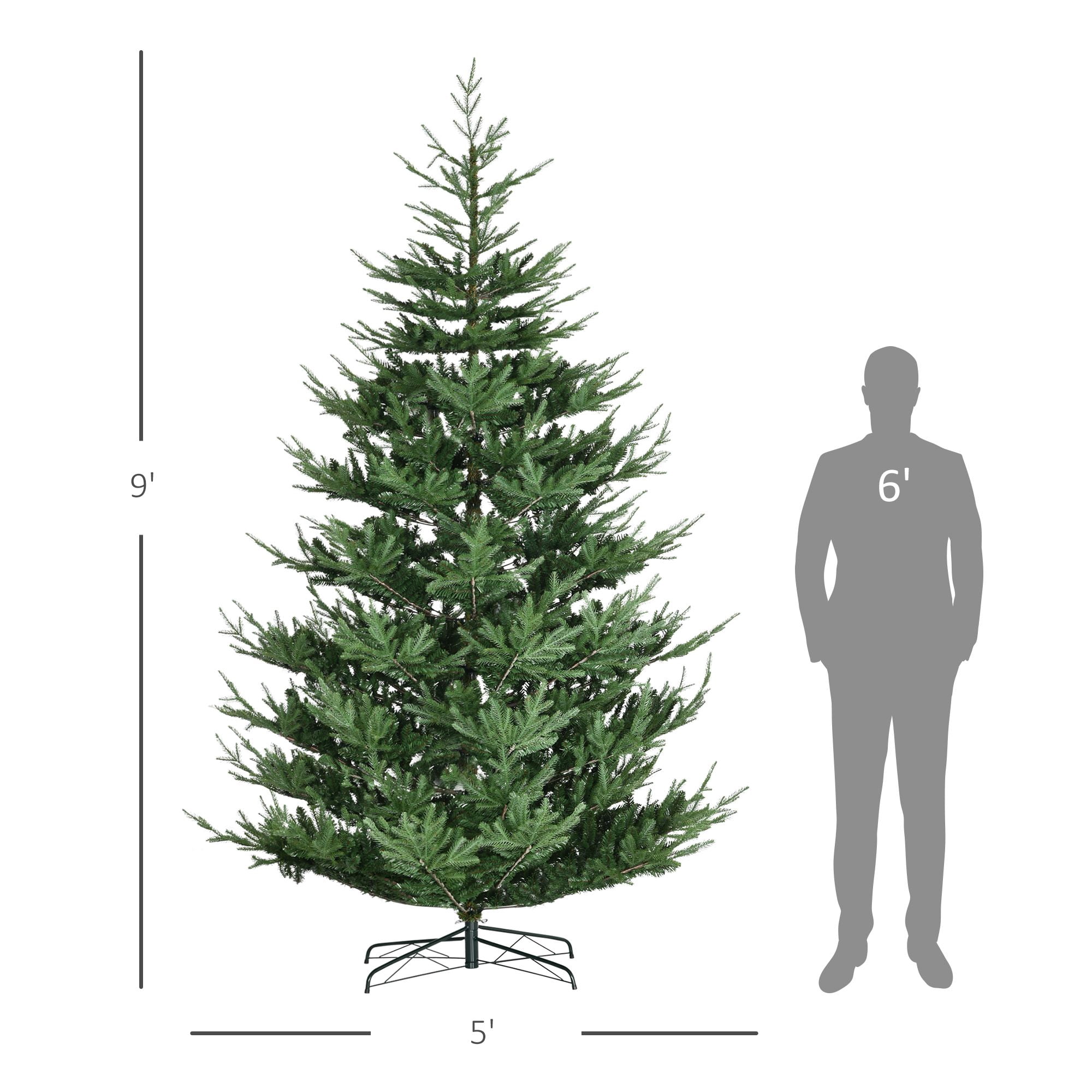 9 ft Artificial Christmas Tree, Pine Hinged Xmas Tree with 1939 Realistic Branches, Steel Base, Auto Open, 59.1 in Diameter, 106.3 in Height, Indoor Use