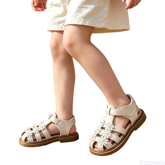 Fozruso Girls Close Toe Flat Sandals,Sizes 7 Toddler,Girls Pearl Sandals For Toddlers Softsole Beach Shoes For Little Princesses Lightweight Summer Sandals For Girls