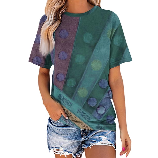 Blusa de Manga Corta Cuello Redondo Impreso Señoras Casual Top, Blusa Ligera de Poliéster para el Trabajo, la Fiesta Y Toda la Temporada de Uso Diario