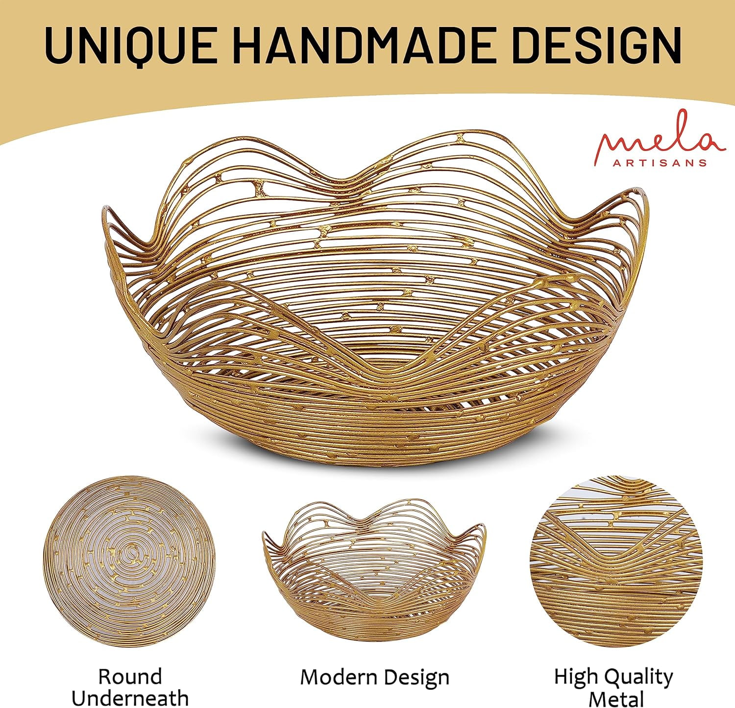 Mela Artisans Gold Wire Fruit Basket Kitchen Counter - Medium, Gurez Valley Design , Decorative Round Wire Basket , Modern Metal Vegetable & Fruit Bowl , Cute Farmhouse Table Decor , 9 x 4 x 4