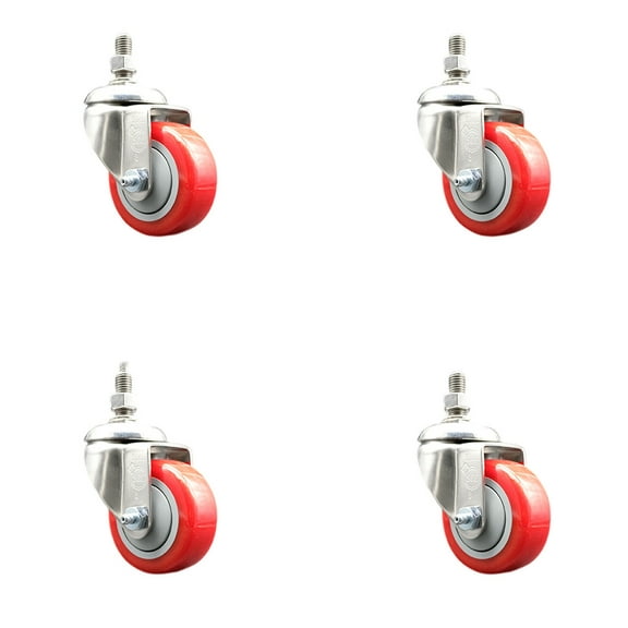 3.5 Inch 316SS Red Polyurethane Wheel Swivel ½ Inch Threaded Stem Caster Set