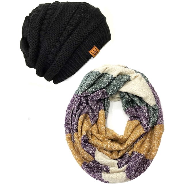 Winter Warm Knitted Infinity Scarf and Beanie Hat Set