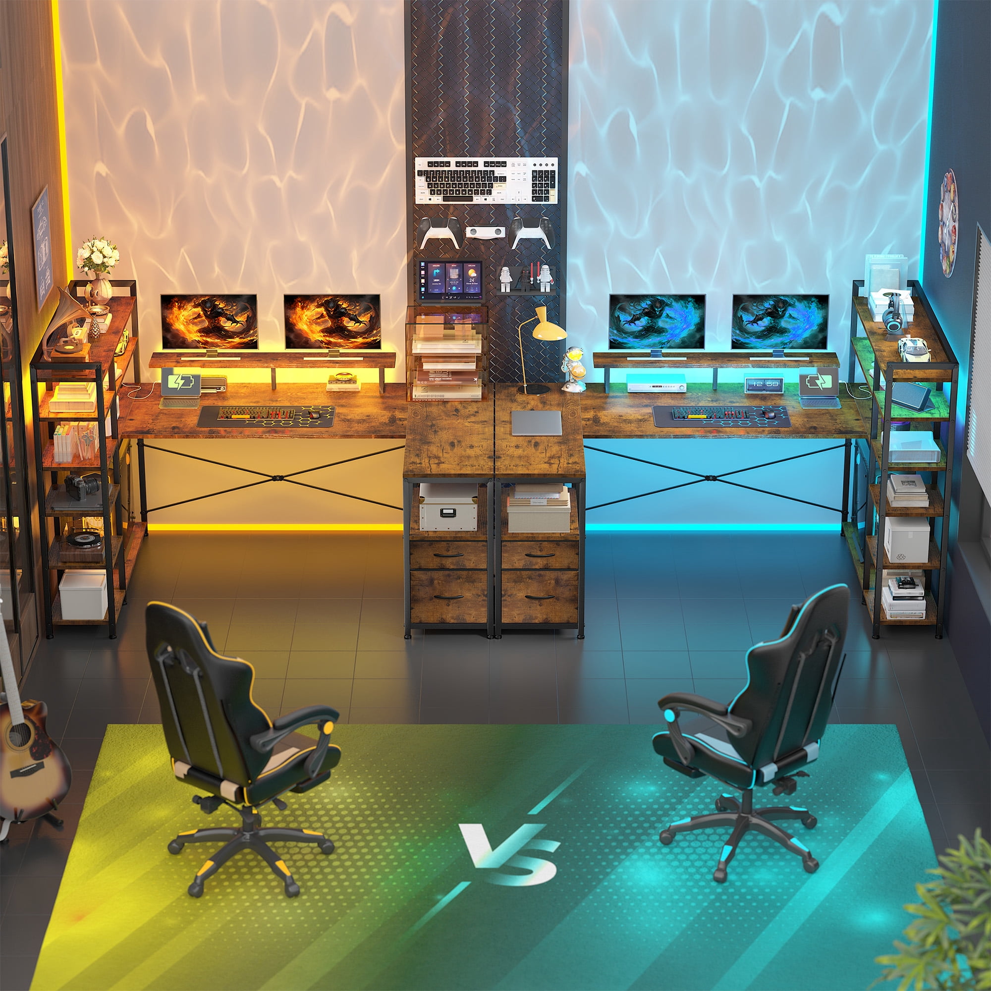 Romorgniz 63 inch U-Shaped Gaming Desk with Power Outlet & LED Lights, 6-Tier Storage Shelves & 2 Fabric Drawers, Reversible Computer Desk for Home Office, Rustic Brown