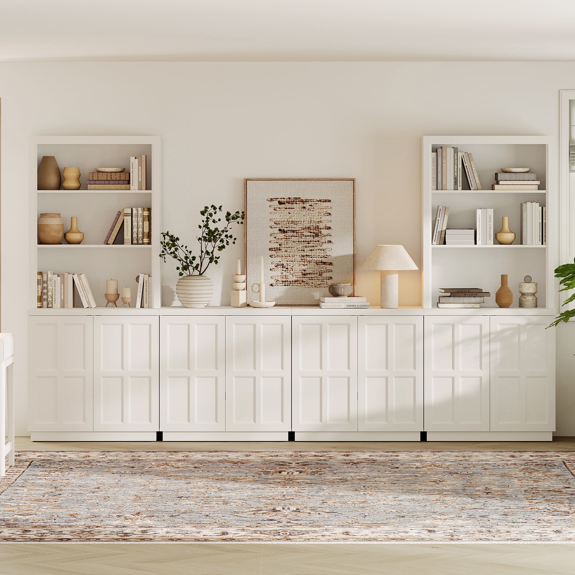 HOMOOI Integrated Bookcase,Boho Freestanding Bookshelf with Open Display Shelves, Adjustable Shelf & Handle-Free Rebound Door, Sturdy Rustic Wood Bookcase for Living Room,Home Office,White