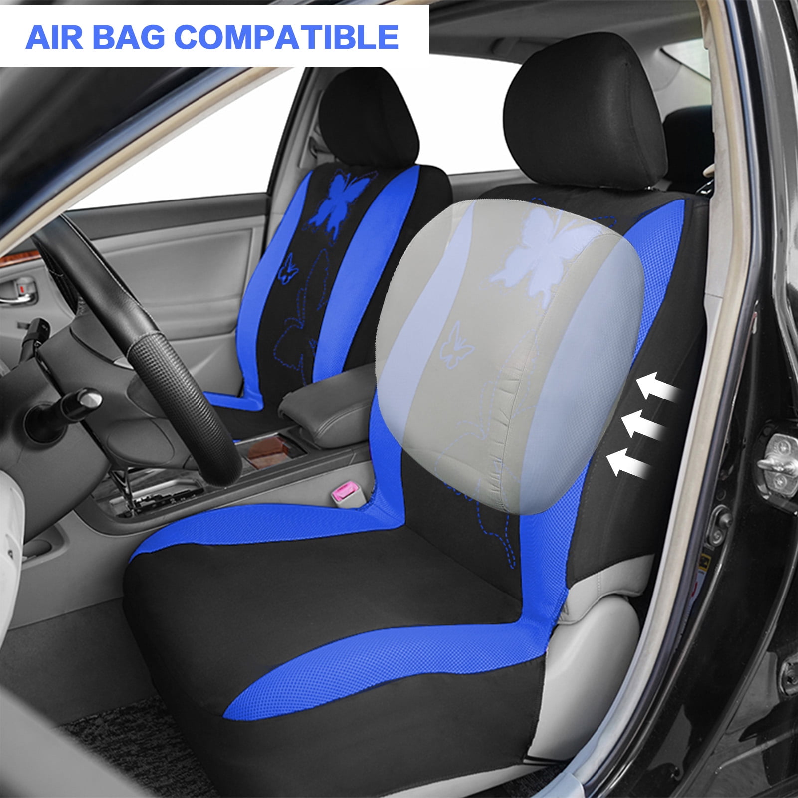 OTOEZ Butterfly Car Seat Cover, Breathable Cloth 5 Seats Full Set for Front & Rear Seat Protector, Universal fit Most Honda Toyota Chevy Ford Nissan Truck SUV, Blue