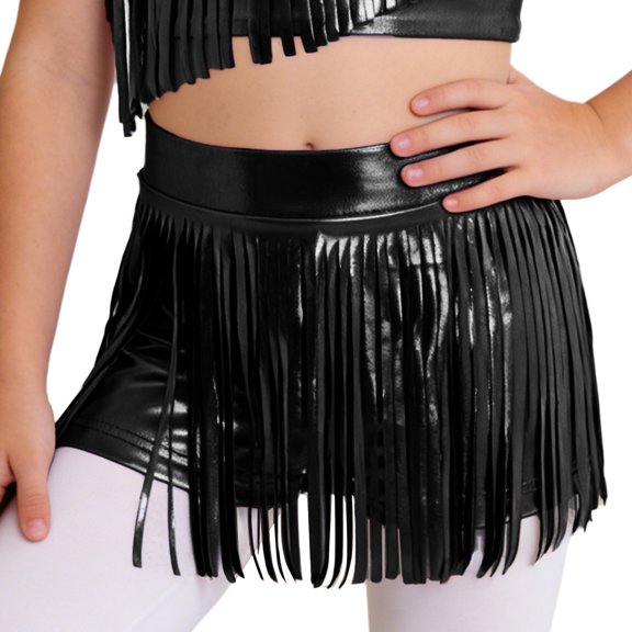 Hansber Kids Girls Metallic Shorts Hip Hop Jazz Dance Performance Cheerleading Tassels Skirts Dancewear Black 6