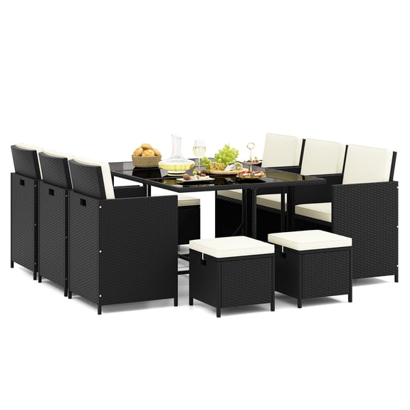 Gymax 11PCS Dining Set Space-saving Wicker Chairs & Tempered Glass Table Patio