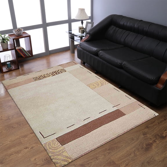 Rugsotic Carpets Hand Tufted Wool Eco-Friendly 6'x9' Area Rugs Rectangle Beige Geometric Modern High Pile Thick Handmade Anti Skid Indoor Rug for Living Room, Bedroom K09088