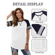 TEMOFON Summer Short Sleeve Tops for Women Color Block Casual Tunic Crew Neck Cute Striped T Shirts White Tees