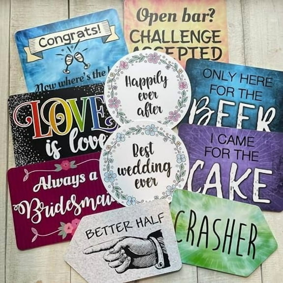 Plastic Photo Booth Props - Set of 5 Signs / 10 Phrases - Wedding Mix