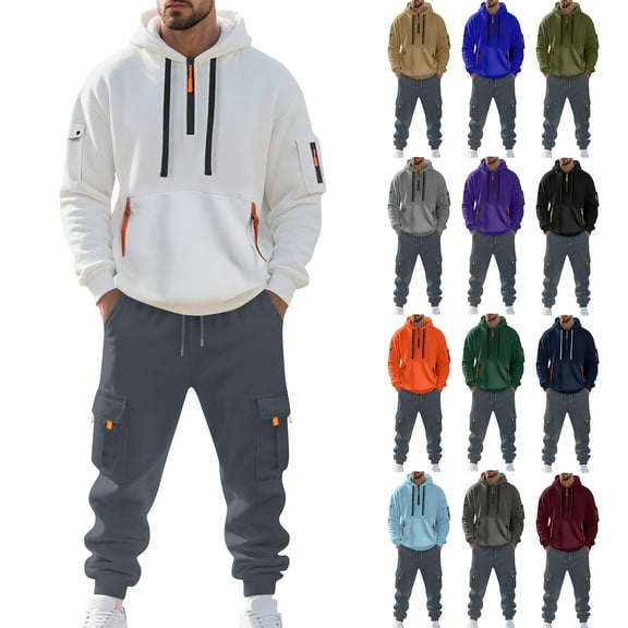 MLQIDK 2 Piece Set Mens Track Suits Fleece Hoodie and Cargo Sweatpants Workout Gym Jogging Sweat Suits Lounge Outfit Casual Athletic Sweatsuits Big and Tall Winter Suit Sets Blue 3XL