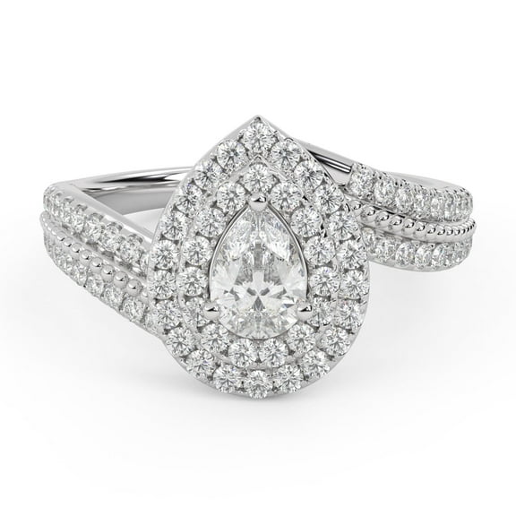 AFFY Bypass Double Halo Solitaire Engagement Ring for Women, IGI Certified 0.90 Carat (ctw) Pear And Round Cut Lab Grown Diamond Ring In 14K Solid White Gold F-G, VS-SI Quality Ring Size-4