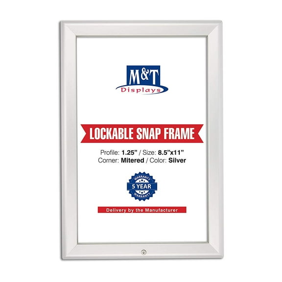 M&T Displays Lockable Snap Frame Front Loading Picture Photo Poster Size 1.25" Silver Color Profile, Mitered Corner (8.5x11)