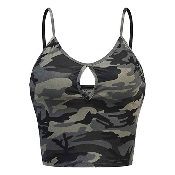 VNKIDY Womens Camouflage Print Keyhole Neck Spaghetti Strap Sleeveless Crop Top Fitted Sleeveless Casual Cami Top For Daily Wea Leisure Top