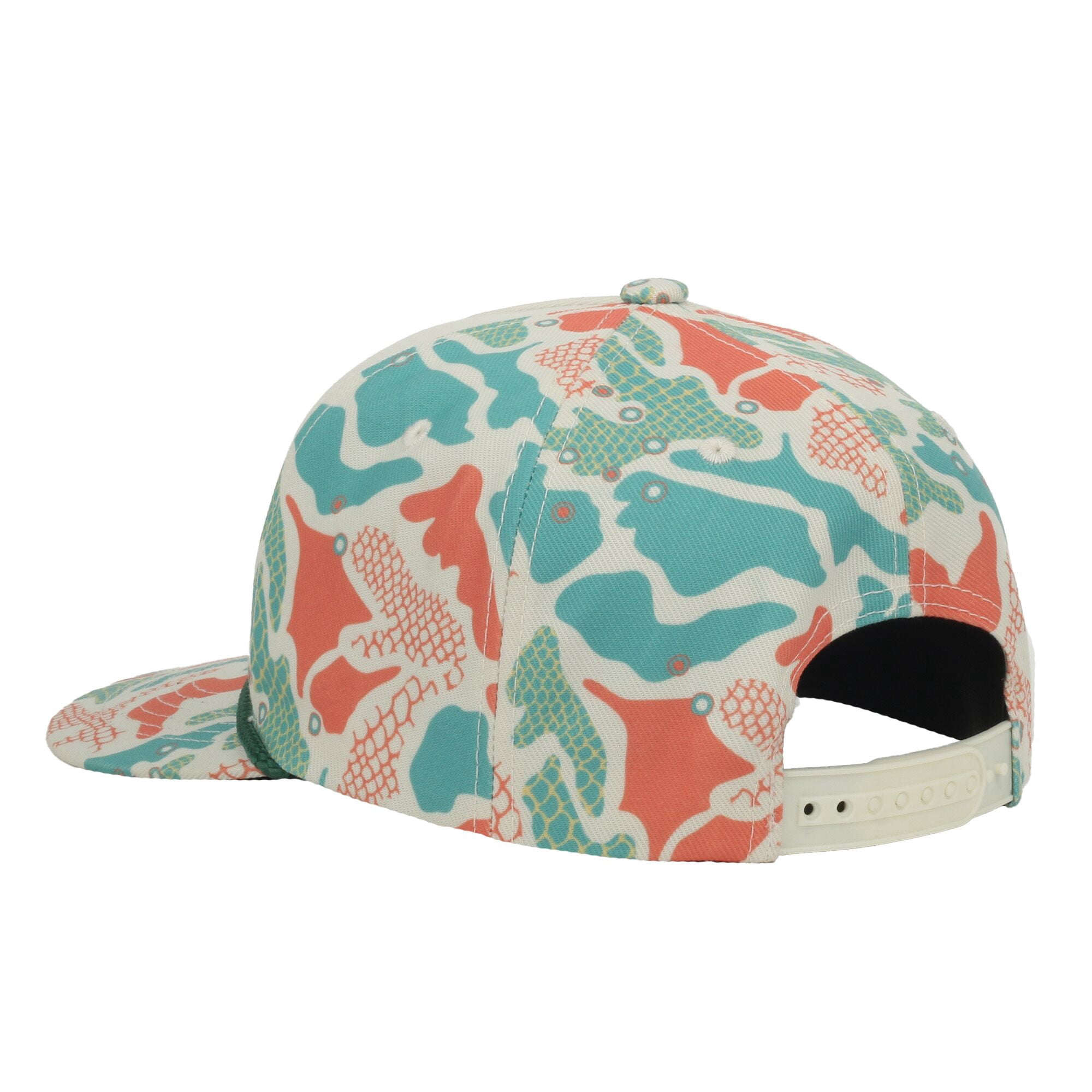 Outdoor Cap Trout Fishing 5-Panel Structured Hat – Flat Visor with Rope, Sublimated Camo Print, Ivory, One Size