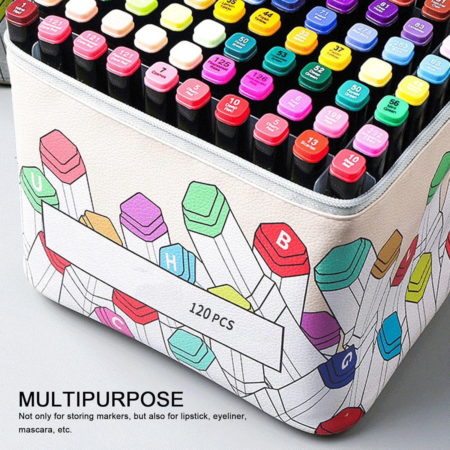 120 Slot Marker Case, Leather Holder with Large Opening, Zipper, Carry Handle, Multi-Purpose Art Pens Pencils Lipstick Mascara Storage