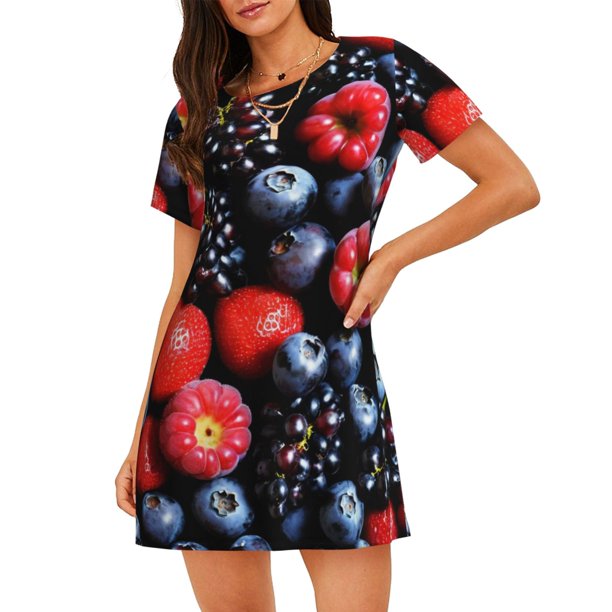 Easygdp Variety Of Fruits And Berries Camisón de manga corta para mujer, informal, estampado