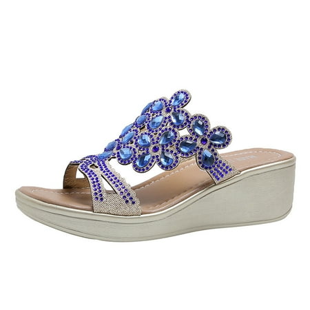 

Summer Cutout Wedge Sandals for Women Open Toe Fashion Rhinestone Sandal Casual Openwork Ankle Straps Shoes Walking Beach Sandal