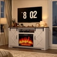 thumbnail image 3 of PAPROOS Fireplace TV Stand with Sliding Barn Doors & 2 Built-In Drawers for TVs up to 70", Farmhouse Entertainment Center with Fireplace, Adjustable Shelves, TV Console for Living Room, White+Brown, 3 of 13