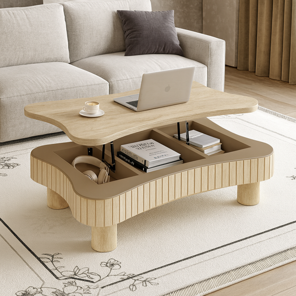 Lift Top Coffee Table for Living Room 42" - Fluted Panel Hidden Storage, Silent Hydraulic Lift, Curved Safety Corners, 5 Min Assembly (27"W x 13-18.9"H,Antique Light Natural)