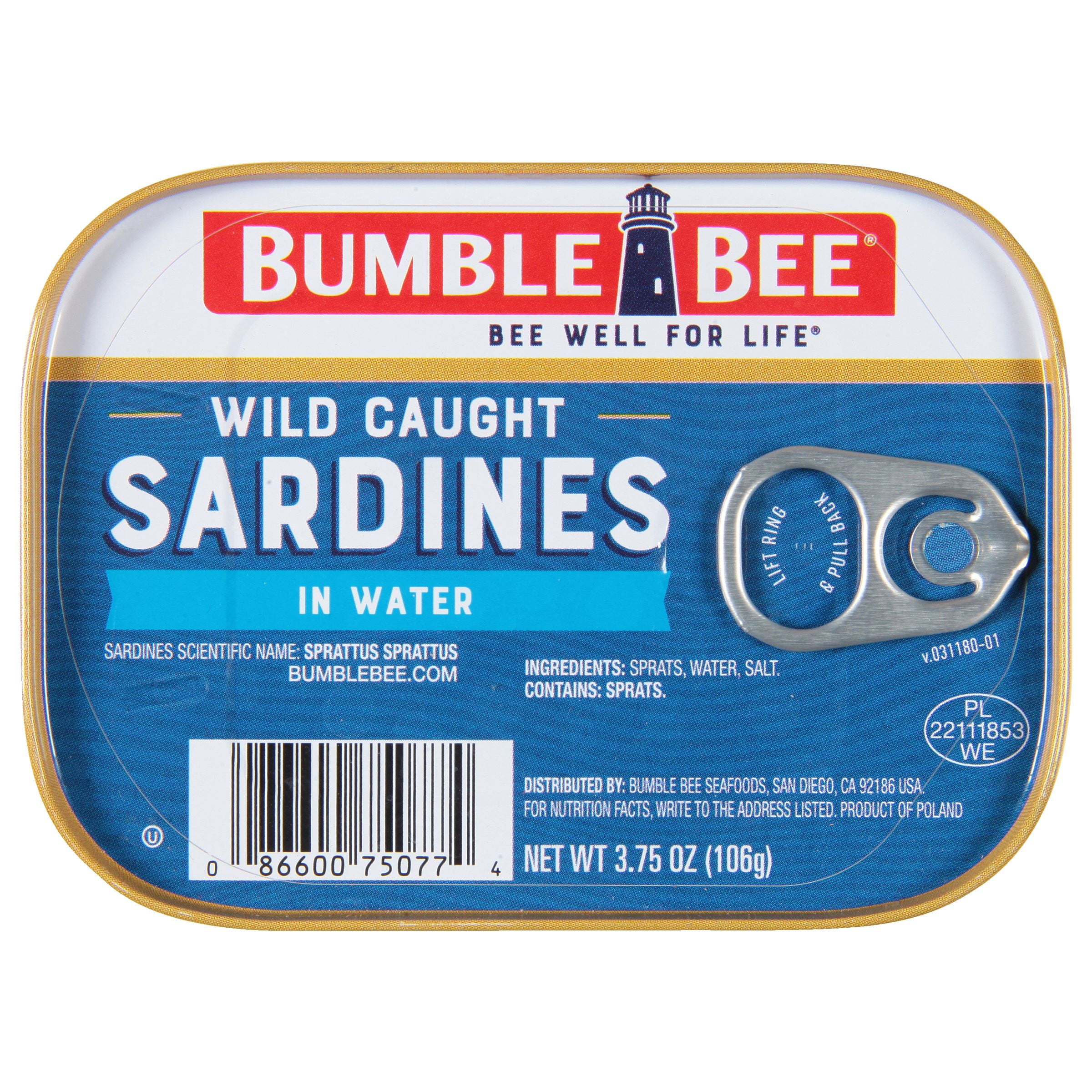 (2 pack) Bumble Bee Wild Caught Sardines in Water, Gluten Free, 12g Protein per Serving, Clean Ingredients, Kosher, Shelf Stable Tin Can, 3.75 oz
