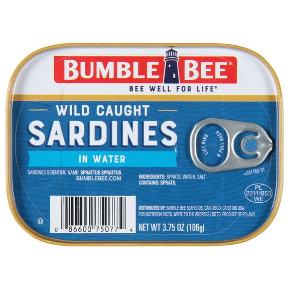 Bumble Bee Wild Caught Sardines in Water, Gluten Free, 12g Protein per Serving, Clean Ingredients, Kosher, Shelf Stable Tin Can, 3.75 oz