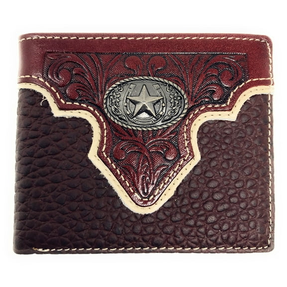Western Genuine Leather Floral Tooled Star Concho Mens Short Bifold Wallet