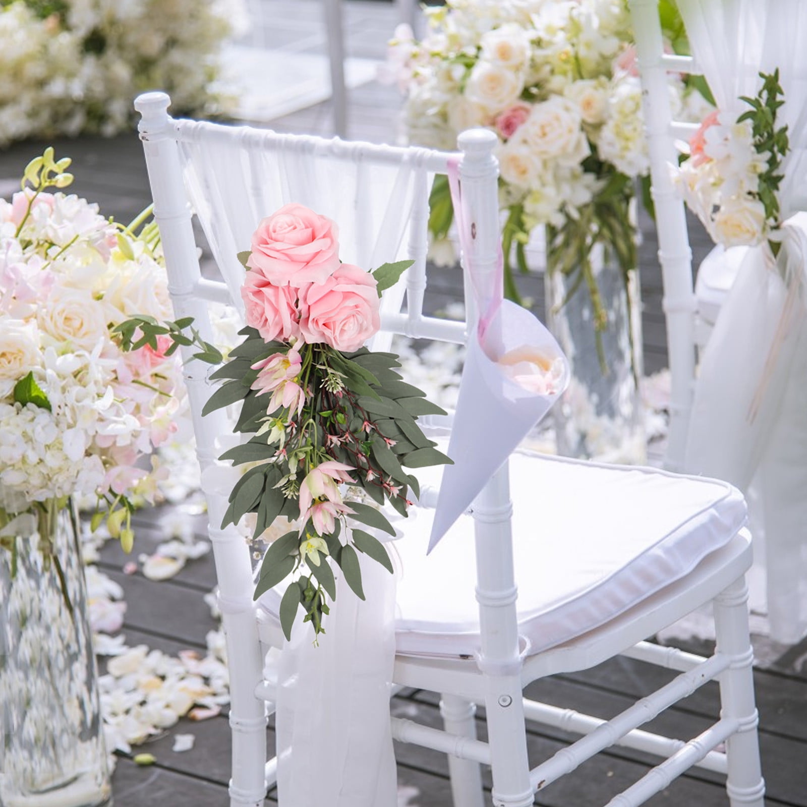 Specollect Clearance 4Pcs Wedding Aisle Decorations Pew Flowers for Wedding Ceremony Party Chair Decor with Artificial Flowers Eucalyptus and Ribbons