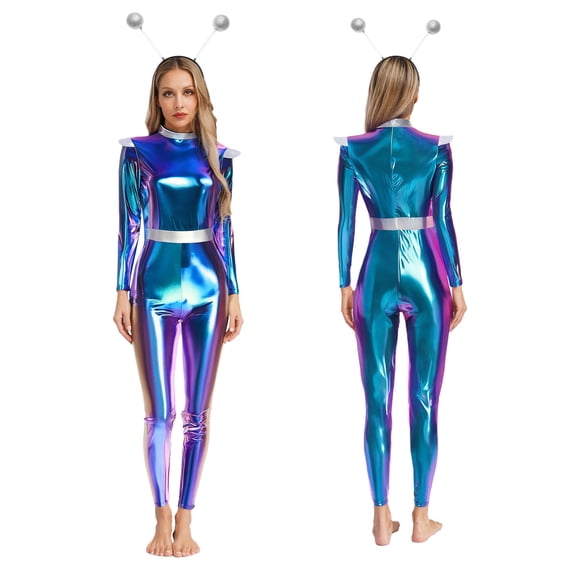 Aislor Womens Shiny Metallic Unitard Astronaut Jumpsuit with Alien Headwear Party Blue 3XL