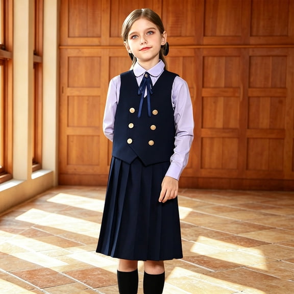 HAYIMI Child Girls Outfit Sets Solid Color School Dress Elegant Back Zipper Knee Length Outfit For Classroom Daily Wear Lapel Shirts With Bowtie Clothes Sets , Navy