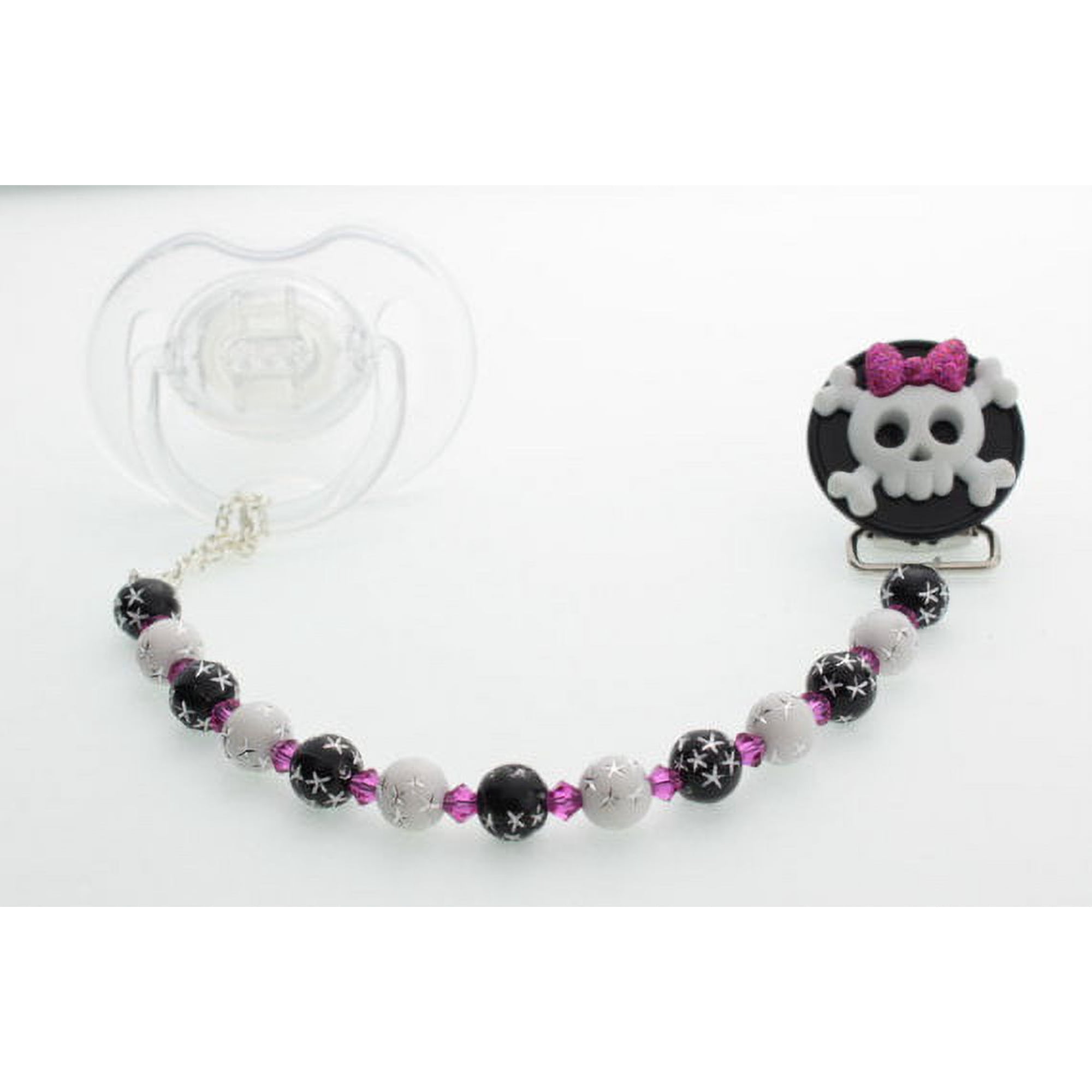 Skull with Bow Pacifier Clip
