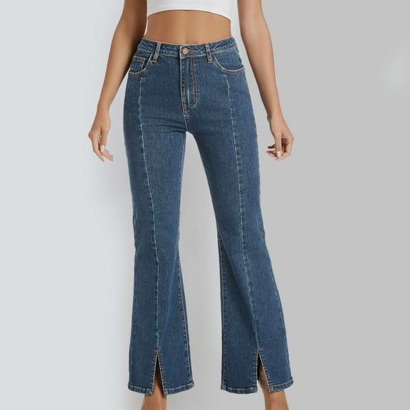 Hauaitttt Flare Jeans for Women Bottom Jeans High Waisted Stretchy Wide Leg Bootcut Jeans Split Hem Jeans Crop Pants for Women Casual Women Elastic Waist Pants Casual Womens Pant Suits Casual plus