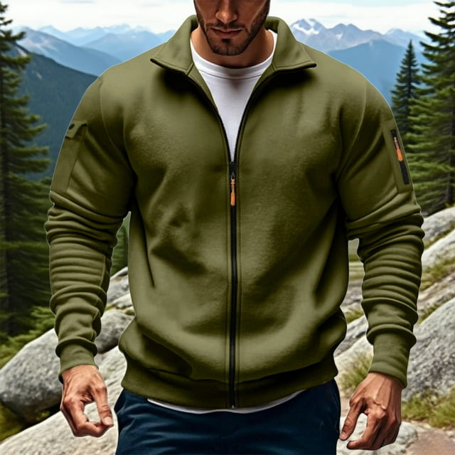 PEONAVET Mens Jacket Men's Solid Color Long Sleeved Stand-up Collar Zipper Fleece Thick Pocket Jacket