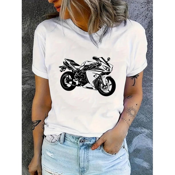 Camiseta De Verano Mujer1pc Women'S Casual Crew Neck T-Shirt with Geometric Motorcycle Print, Polyester Knit Fabric, Medium Stretch, All-Season Fashion TopFather's Day, Mother's Day, New Year, Sprin