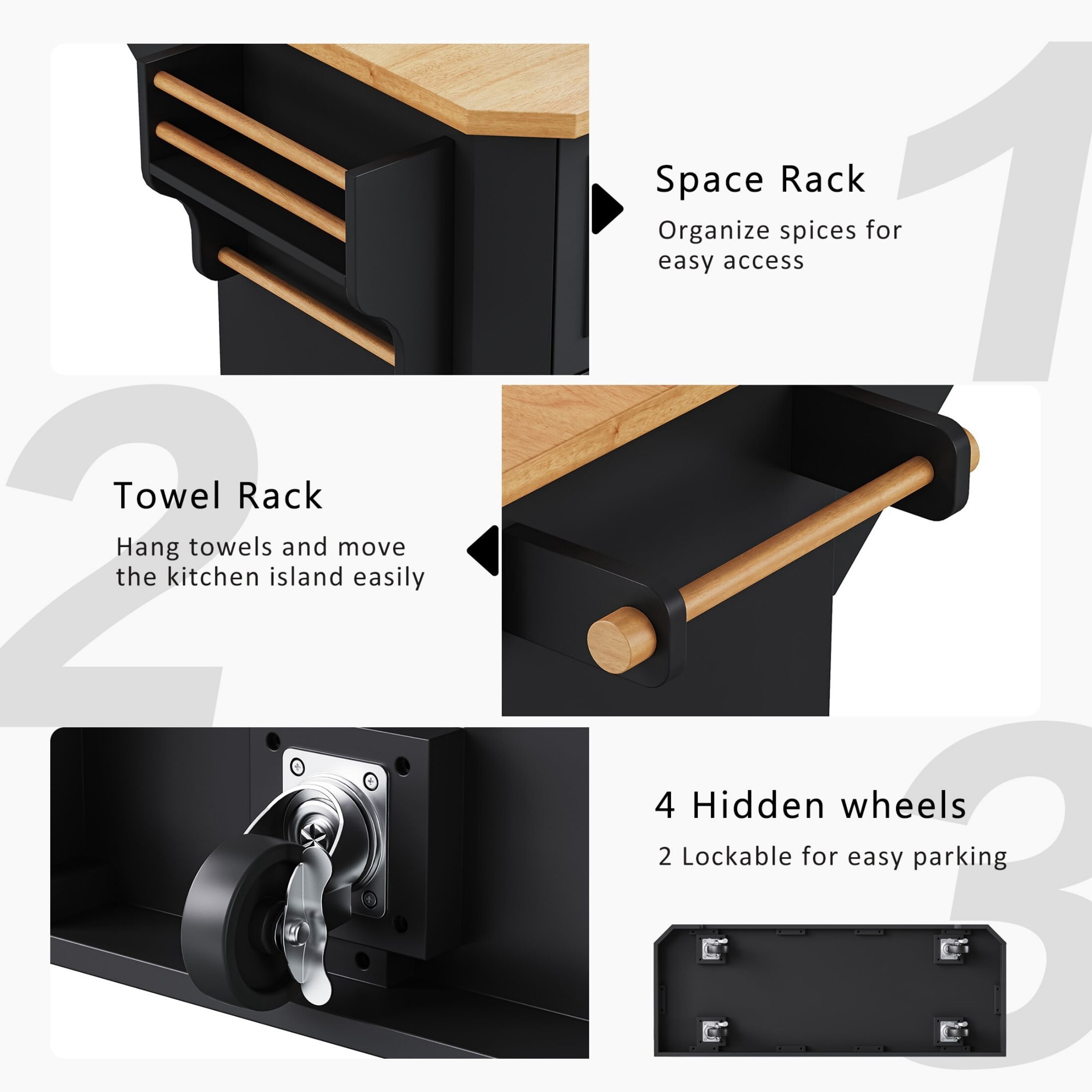 AENKYO 47'' Kitchen Island with Drop Leaf and Power Outlet, Farmhouse Rolling Kitchen Storage Cart with 6 Drawers, Black