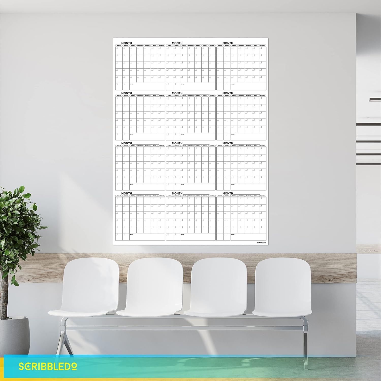 Scribbledo Large White Board Calender 2025, Dry Erase Calendar Whiteboard with 6 Markers, 48" x 36"