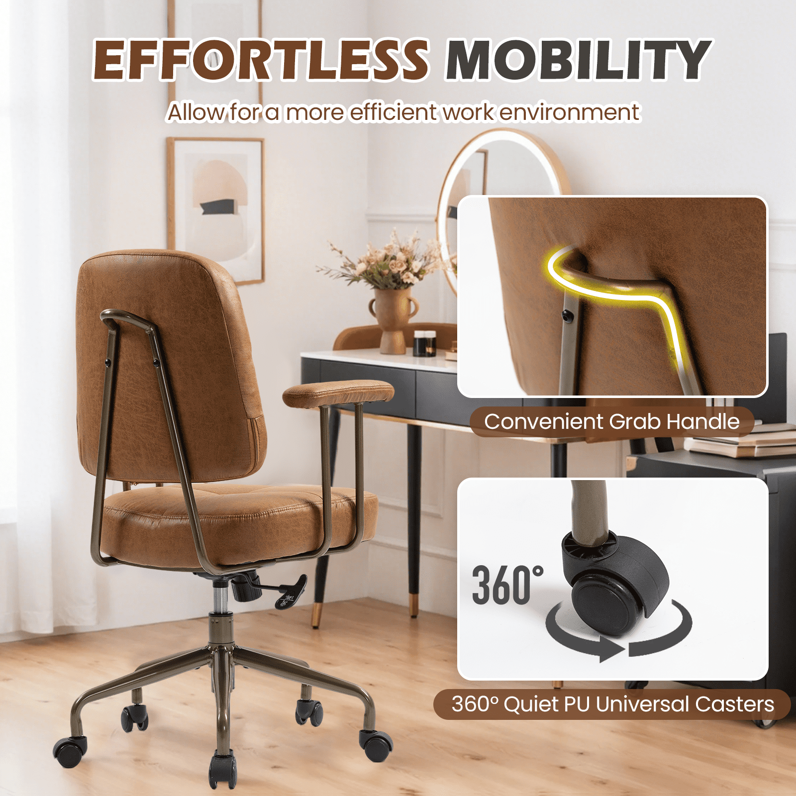 AVAWING Mid Century Modern Fabric Office Chair, Upholstered Desk Chair with Armrests, Brown(Brown Frame)