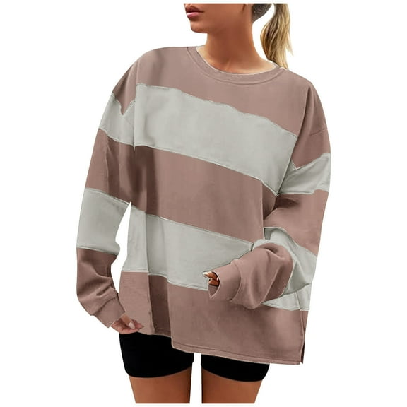YUGYXL Womens Fall Fashion Striped Oversized Sweatshirt Plus Size Crewneck Long Sleeve Loose Slit Pullover Clothes Pink M