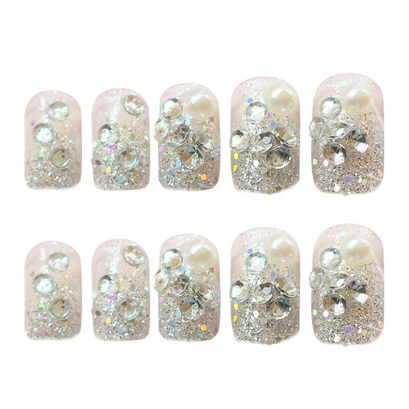 24pcs DIY False Nail Tips Full Cover Creative Diamante Fake Nails False Nail for Women Girls (Silver)