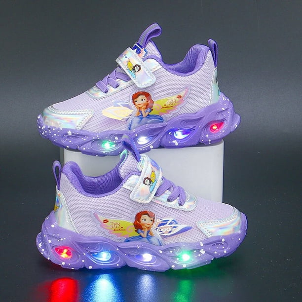 Disney's new Frozen elsa Sophia princess shoes girls sneakers pu zapatos casuales luces led running net shoes34-Insole 21.2CM Gao Jinjia LED