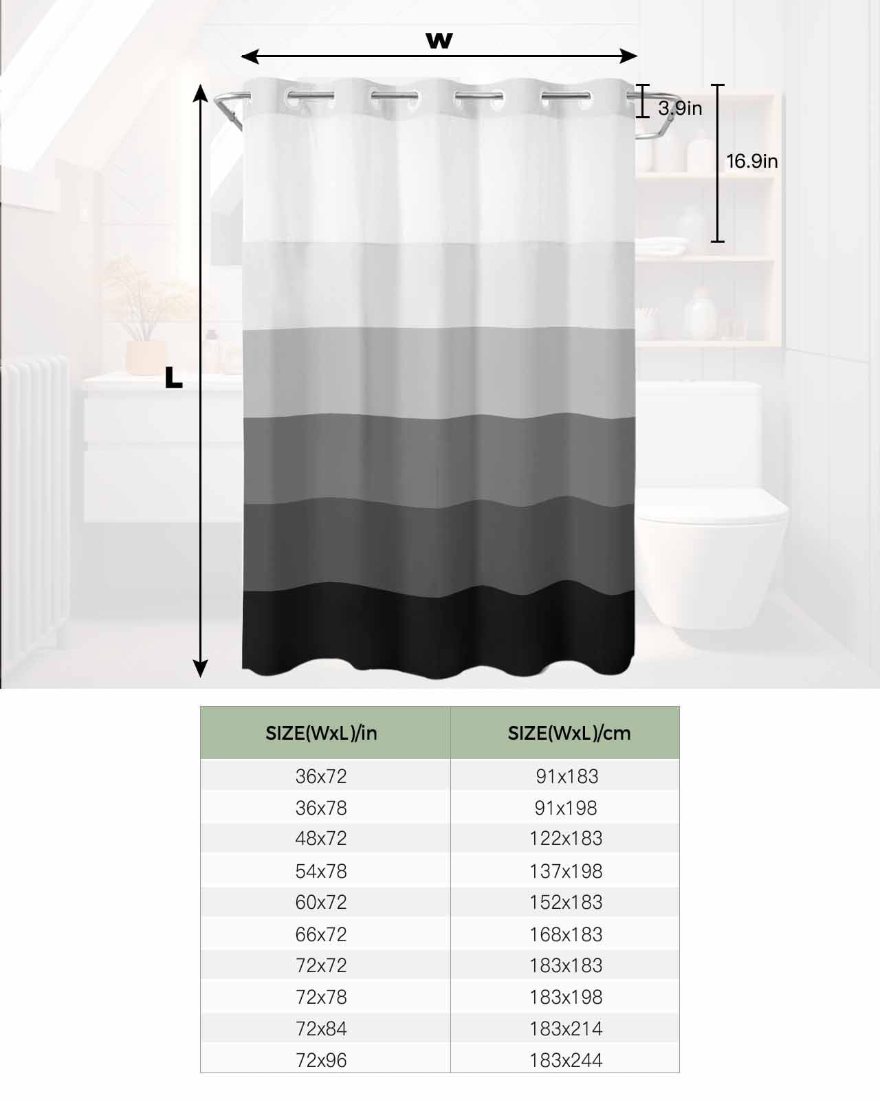 No Hook Shower Curtain with Snap in Liner, Black and Grey Striped Gradient Rustic Wood Board Hotel Shower Curtains for Bathroom, Washable Shower Curtain Liner Set with Mesh Top Window, 72"x96"