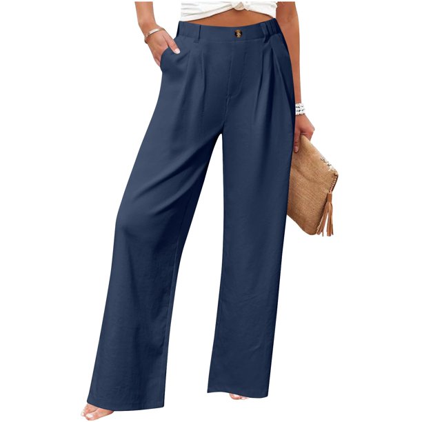 Karight Linen Dress Pants Women Wide Leg Business Casual Pants Loose High Waisted Palazzo Trousers with Pockets Beach Outfits