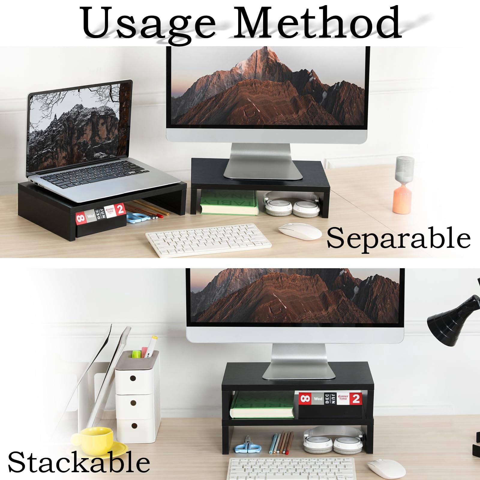Wood Monitor Stand Riser-2 Pack  2 Tier Adjustable Dual Riser For 2 Monitors/laptop/pc Black Computer Desk