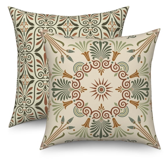 Green Throw Pillow Covers Set of 2 Geometric Vintage Mandala Flower Pillow Cases Farmhouse Pillow for Couch Sofa Living Room Home Decor, 18"x18"