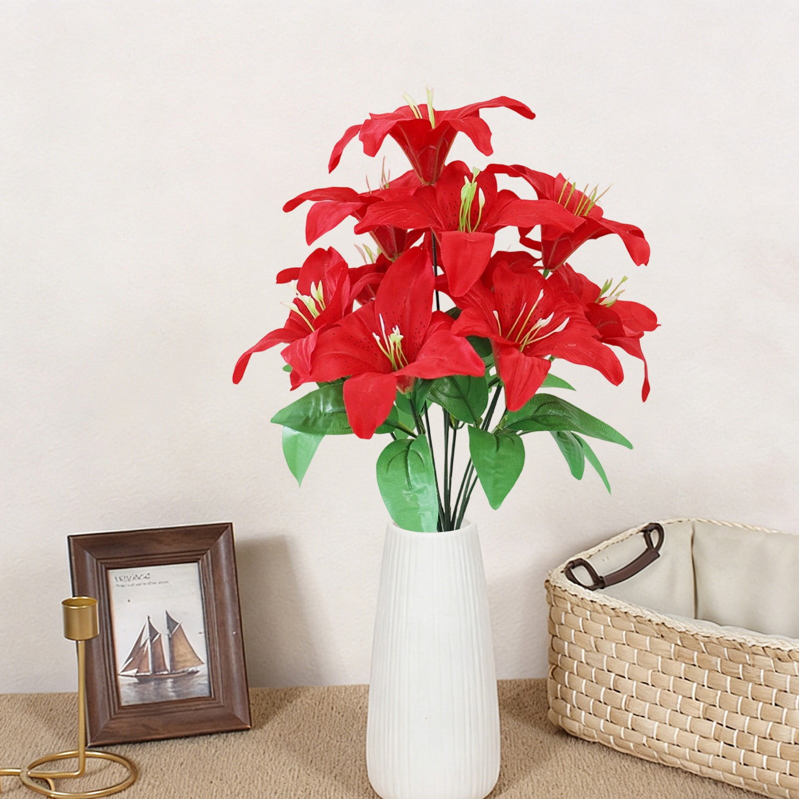 ERTZAE Shop Window Lily Display,Durable Artificial Lilies,Residential Home Floral,Indoor Decorative Lilies,Pink 10-Head Artificial Multi-Leaf Lily Bouquet 18Inch,Realistic Flower Stem for Vase Decor