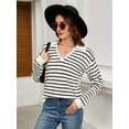thumbnail image 3 of Womens Sweaters 2025 V Neck Long Sleeve Striped Tops Fall Winter Comfy Knit Clothes Pullover Sweater White & Black XL, 3 of 7