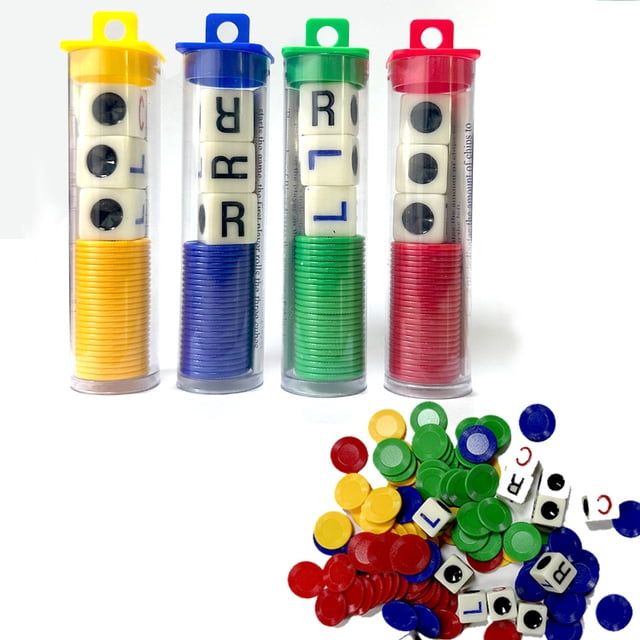 Dados de juego divertidos de cuatro colores, de izquierda, centro y derecha, LCR con cartucho de dados de juego de fichas