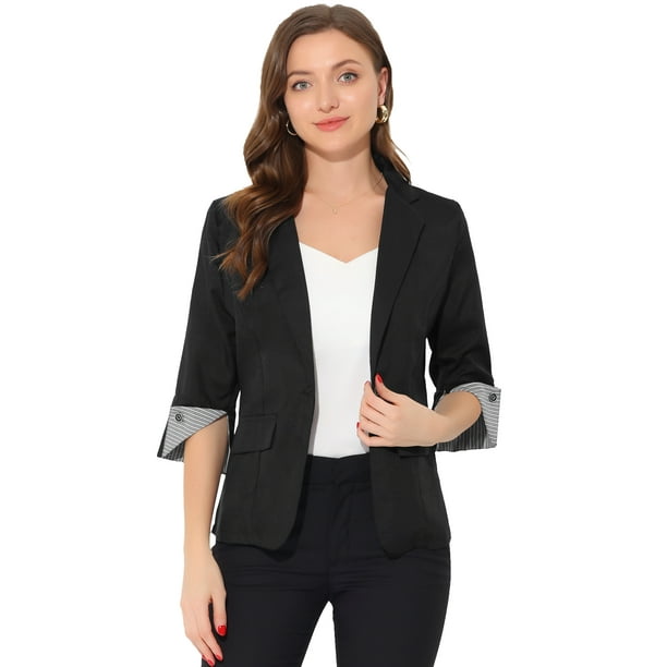 Blazer de trabajo de manga 3/4 con cuello de solapa con muescas para mujer Negro XS