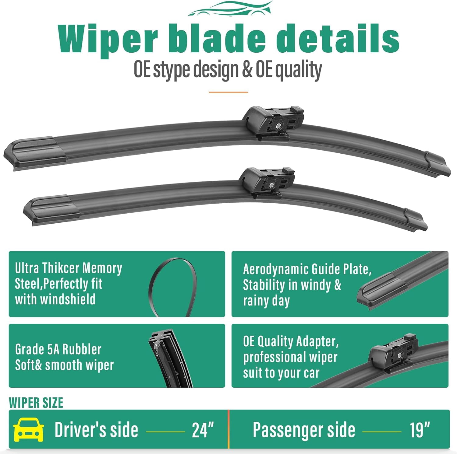 24" 19" Windshield Wiper Blades Replacement for Honda Civic 2022 2023 2024 2025 / Honda CRV CR-V Acura Integra 2023 2024 2025 Premium All Weather Front Wipers Set - OEM Quality (Pack of 2)
